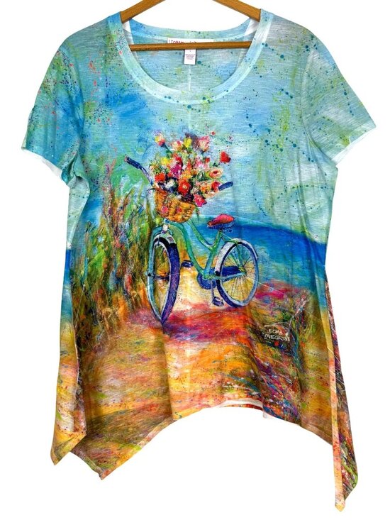 Leoma Lovegrove Tops - Leoma Lovegrove Women’s Artsy Short Sleeve Top Large Bike Beach Floral Colorful